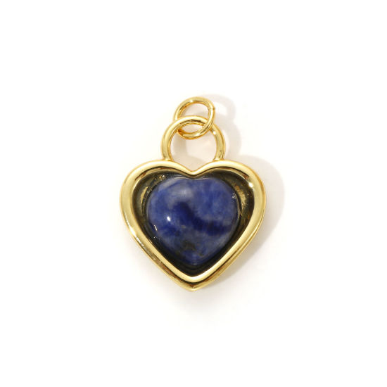 Bild von 1 Piece Eco-friendly Brass & Gemstone Valentine's Day Charms 18K Real Gold Plated Dark Blue Heart 22mm x 16mm