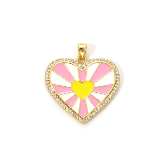 Immagine di 1 Piece Eco-friendly Brass Valentine's Day Charm Pendant 18K Real Gold Plated Pink Enamel Heart Clear Cubic Zirconia 27mm x 25mm