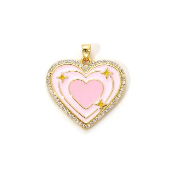 Immagine di 1 Piece Eco-friendly Brass Valentine's Day Charm Pendant 18K Real Gold Plated Pink Enamel Heart Clear Cubic Zirconia 27mm x 25mm
