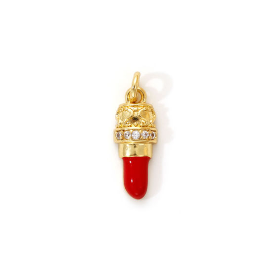 Изображение 2 PCs Eco-friendly Brass Makeup Charms 18K Real Gold Plated Red Enamel Lipstick Clear Cubic Zirconia 17mm x 6mm