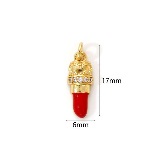 Изображение 2 PCs Eco-friendly Brass Makeup Charms 18K Real Gold Plated Red Enamel Lipstick Clear Cubic Zirconia 17mm x 6mm