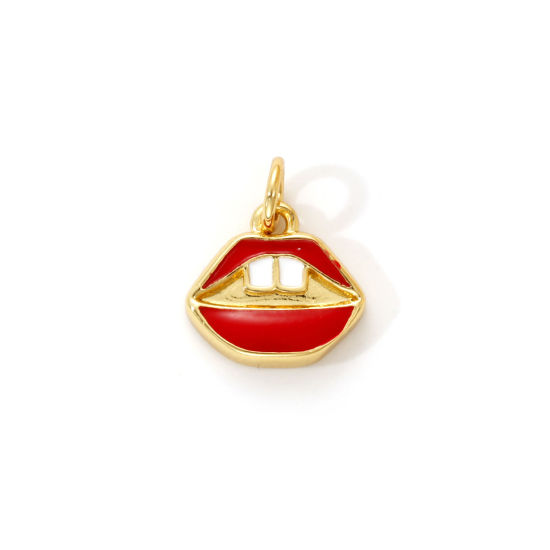 Изображение 2 PCs Eco-friendly Brass Charms 18K Real Gold Plated Red Enamel Lip 14mm x 12mm