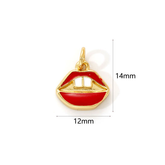 Изображение 2 PCs Eco-friendly Brass Charms 18K Real Gold Plated Red Enamel Lip 14mm x 12mm