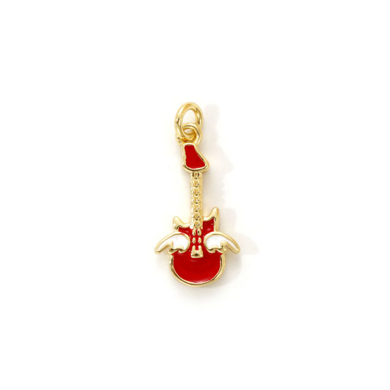 Изображение 2 PCs Eco-friendly Brass Music Charms 18K Real Gold Plated Red Enamel Guitar Musical Instrument 20mm x 9mm