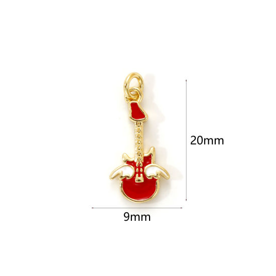 Изображение 2 PCs Eco-friendly Brass Music Charms 18K Real Gold Plated Red Enamel Guitar Musical Instrument 20mm x 9mm