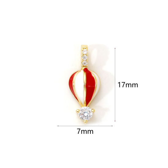 Изображение 2 PCs Eco-friendly Brass Travel Charms 18K Real Gold Plated White & Red Enamel Fire Balloon Clear Cubic Zirconia 17mm x 7mm
