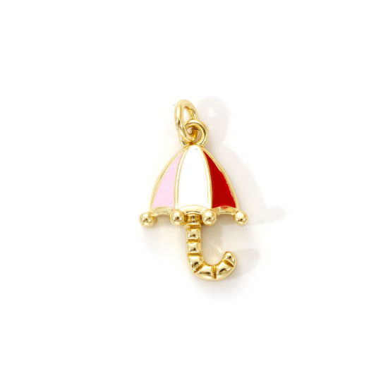 Изображение 2 PCs Eco-friendly Brass Weather Collection Charms 18K Real Gold Plated Red & Pink Enamel Umbrella 17mm x 10mm