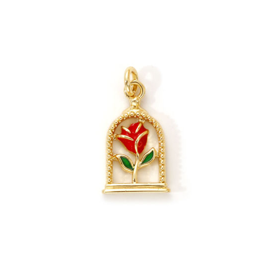 Изображение 2 PCs Eco-friendly Brass Valentine's Day Charms 18K Real Gold Plated Red Enamel Rose Flower 18mm x 9mm