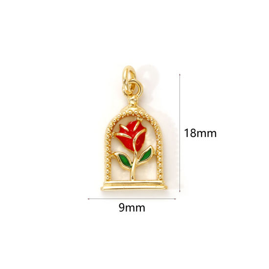Изображение 2 PCs Eco-friendly Brass Valentine's Day Charms 18K Real Gold Plated Red Enamel Rose Flower 18mm x 9mm