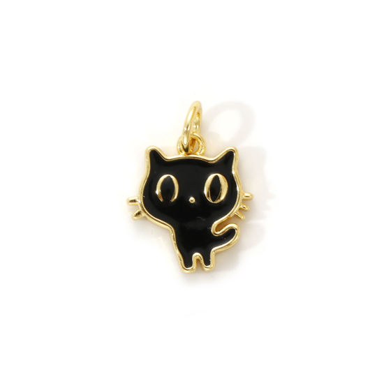 Изображение 2 PCs Eco-friendly Brass Charms 18K Real Gold Plated Black Enamel Cat Animal 17mm x 12mm