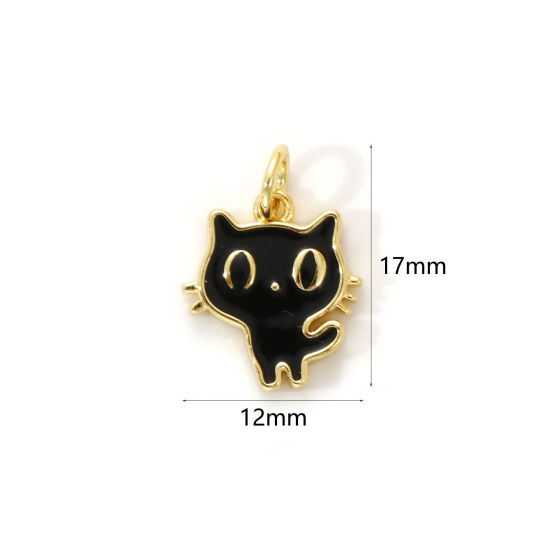 Изображение 2 PCs Eco-friendly Brass Charms 18K Real Gold Plated Black Enamel Cat Animal 17mm x 12mm