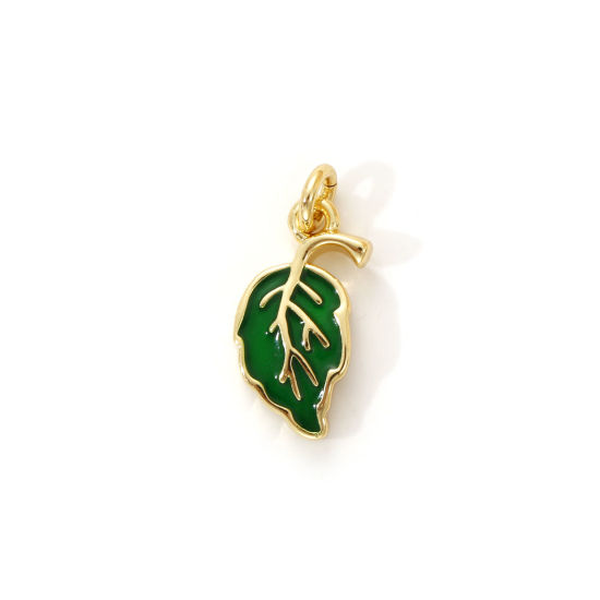 Изображение 2 PCs Eco-friendly Brass Flora Collection Charms 18K Real Gold Plated Green Enamel Leaf 16mm x 7mm
