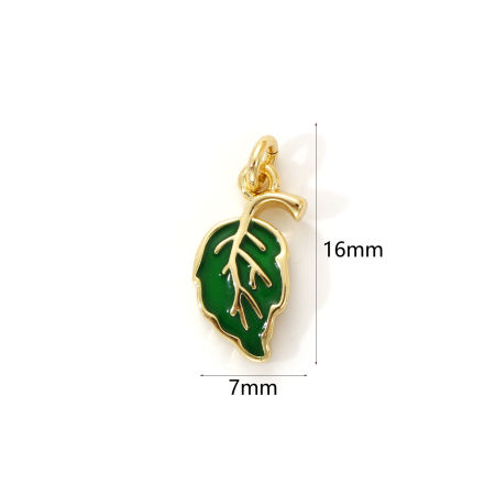 Imagen de 2 Unidades Respetuoso del Medio Ambiente Latón Colección Flora Colgantes 18K Oro Real Chapado Verde Esmalte Hoja 16mm x 7mm