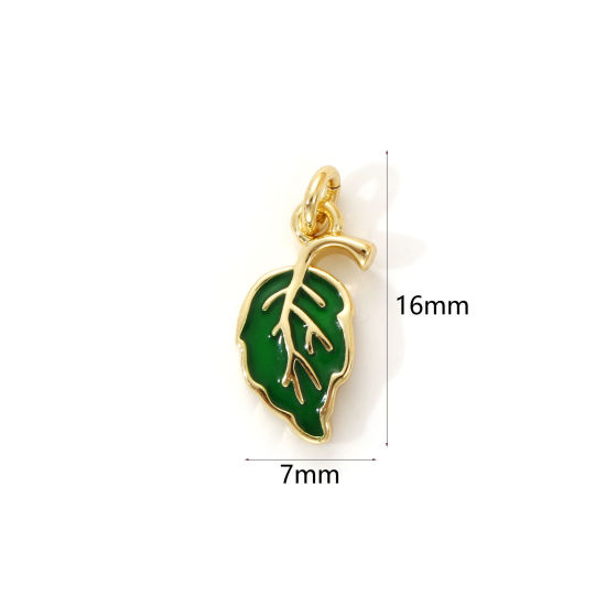 Изображение 2 PCs Eco-friendly Brass Flora Collection Charms 18K Real Gold Plated Green Enamel Leaf 16mm x 7mm