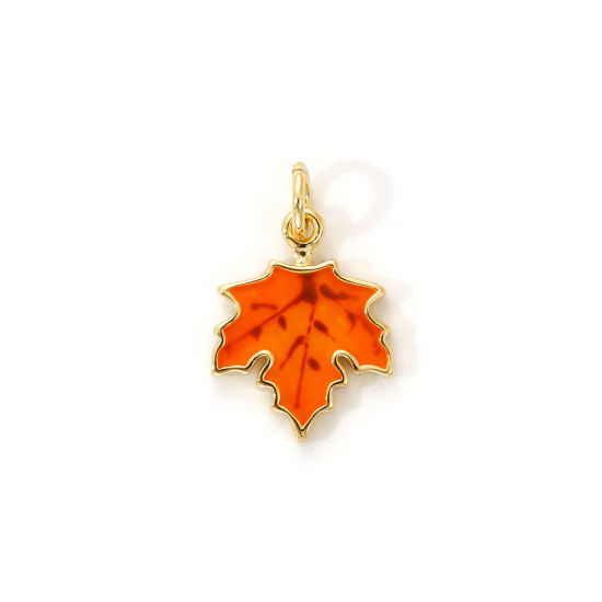 Изображение 2 PCs Eco-friendly Brass Flora Collection Charms 18K Real Gold Plated Orange Enamel Maple Leaf 18mm x 12mm