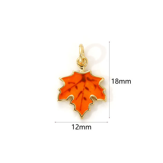 Изображение 2 PCs Eco-friendly Brass Flora Collection Charms 18K Real Gold Plated Orange Enamel Maple Leaf 18mm x 12mm