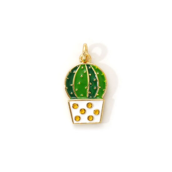 Изображение 2 PCs Eco-friendly Brass Flora Collection Charms 18K Real Gold Plated Green Enamel Pot Plant Cactus 17mm x 9mm