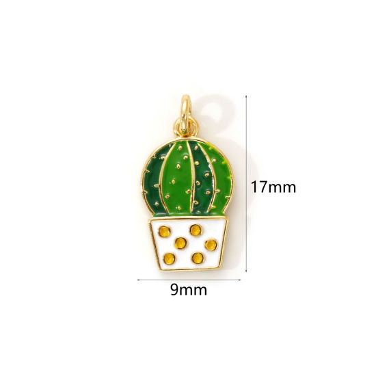 Изображение 2 PCs Eco-friendly Brass Flora Collection Charms 18K Real Gold Plated Green Enamel Pot Plant Cactus 17mm x 9mm