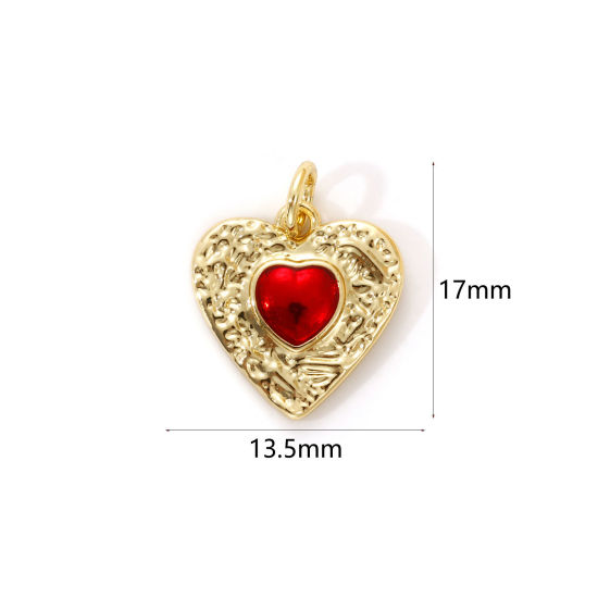 Изображение 1 Piece Eco-friendly Brass Valentine's Day Charms 18K Real Gold Plated Red Enamel Heart Hammered 17mm x 13.5mm
