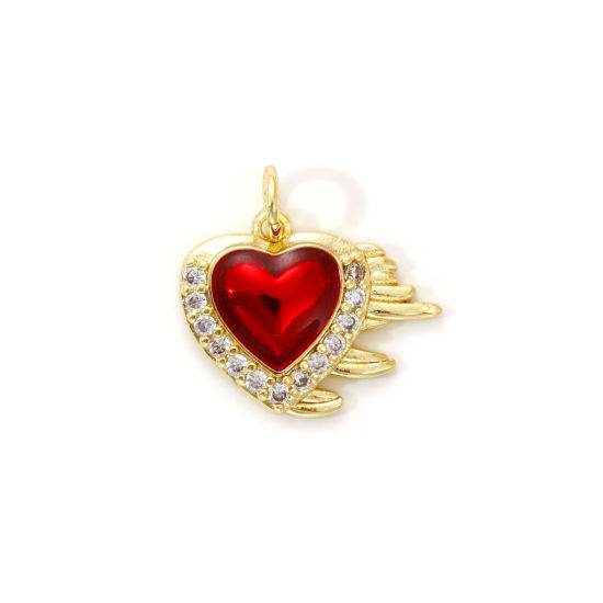 Изображение 1 Piece Eco-friendly Brass Valentine's Day Charms 18K Real Gold Plated Red Enamel Heart Micro Pave Clear Cubic Zirconia 17mm x 17mm