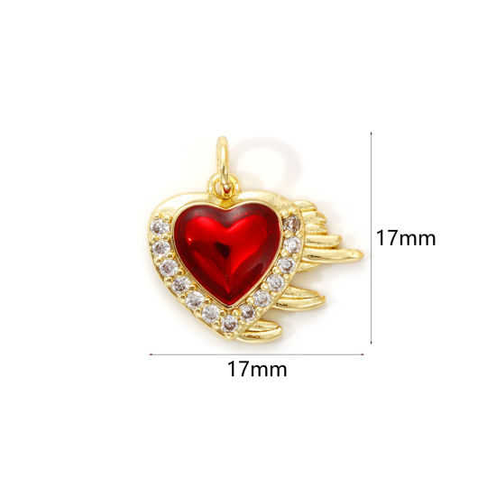 Изображение 1 Piece Eco-friendly Brass Valentine's Day Charms 18K Real Gold Plated Red Enamel Heart Micro Pave Clear Cubic Zirconia 17mm x 17mm