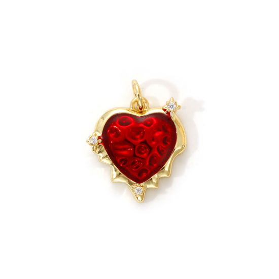Изображение 1 Piece Eco-friendly Brass Valentine's Day Charms 18K Real Gold Plated Red Enamel Heart Micro Pave Clear Cubic Zirconia 19mm x 15mm