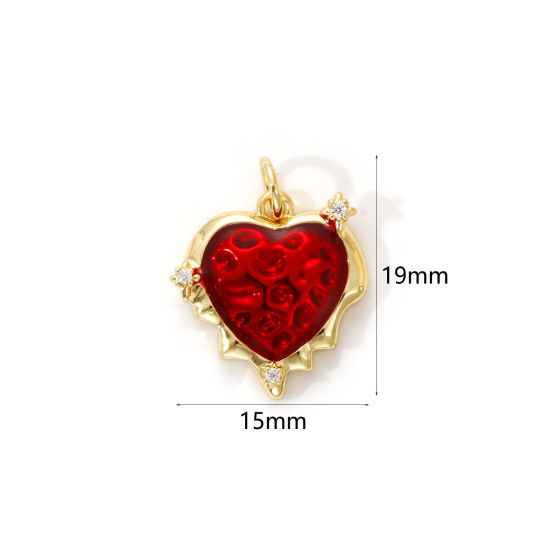 Изображение 1 Piece Eco-friendly Brass Valentine's Day Charms 18K Real Gold Plated Red Enamel Heart Micro Pave Clear Cubic Zirconia 19mm x 15mm