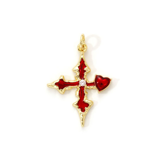 Изображение 1 Piece Eco-friendly Brass Religious Charms 18K Real Gold Plated Red Enamel Cross Heart Micro Pave Clear Cubic Zirconia 29mm x 20mm