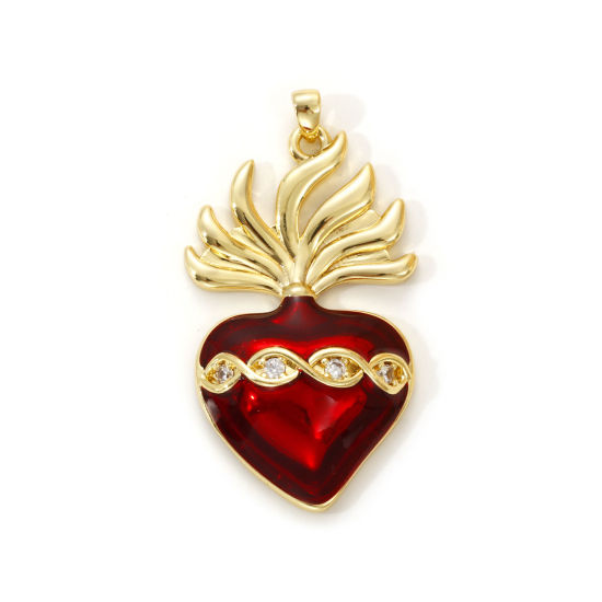 Изображение 1 Piece Eco-friendly Brass Religious Pendants 18K Real Gold Plated Red Enamel Ex Voto Heart Micro Pave Clear Cubic Zirconia 4.3cm x 2.3cm