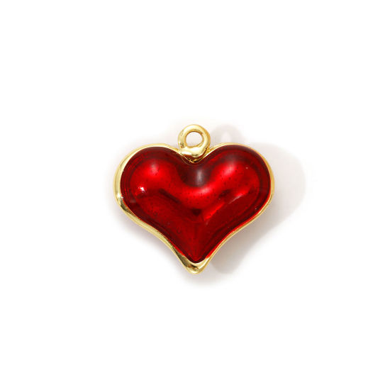 Изображение 1 Piece Eco-friendly Brass Valentine's Day Charms 18K Real Gold Plated Red Enamel Heart 3D 20mm x 19mm