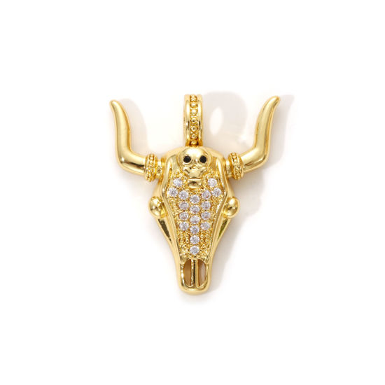 Imagen de 1 Piece Eco-friendly Brass West Cowboy Charms 18K Real Gold Plated Bull Head/ Cow Head Micro Pave Clear & Black Cubic Zirconia 26mm x 22mm