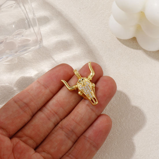 Imagen de 1 Piece Eco-friendly Brass West Cowboy Charms 18K Real Gold Plated Bull Head/ Cow Head Micro Pave Clear & Black Cubic Zirconia 26mm x 22mm
