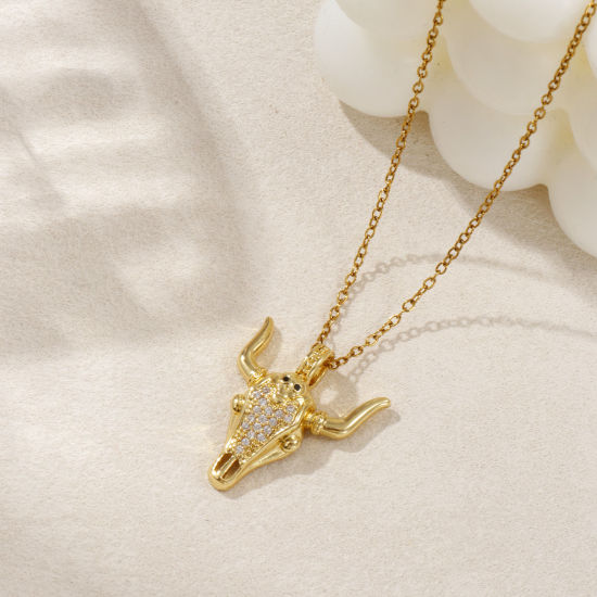 Imagen de 1 Piece Eco-friendly Brass West Cowboy Charms 18K Real Gold Plated Bull Head/ Cow Head Micro Pave Clear & Black Cubic Zirconia 26mm x 22mm