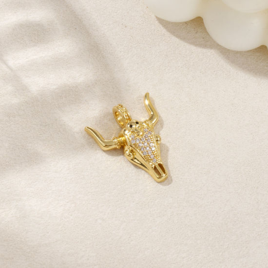 Imagen de 1 Piece Eco-friendly Brass West Cowboy Charms 18K Real Gold Plated Bull Head/ Cow Head Micro Pave Clear & Black Cubic Zirconia 26mm x 22mm