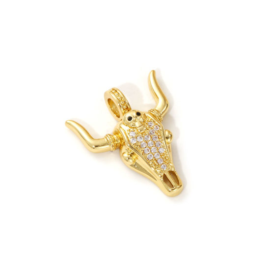 Imagen de 1 Piece Eco-friendly Brass West Cowboy Charms 18K Real Gold Plated Bull Head/ Cow Head Micro Pave Clear & Black Cubic Zirconia 26mm x 22mm