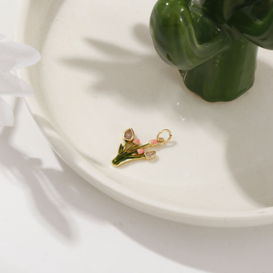 Изображение 1 ШТ Экологичный Латунь Коллекция Флоры Подвески 18K настоящее золото с покрытием Зеленый С Эмалью Тюльпан цветок Бижутерия усыпанная мелким фианит Прозрачный Искусственный Циркон 22мм x 13мм