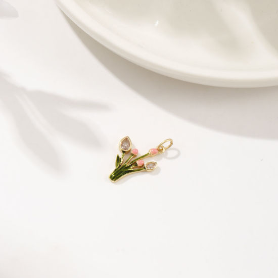 Изображение 1 ШТ Экологичный Латунь Коллекция Флоры Подвески 18K настоящее золото с покрытием Зеленый С Эмалью Тюльпан цветок Бижутерия усыпанная мелким фианит Прозрачный Искусственный Циркон 22мм x 13мм