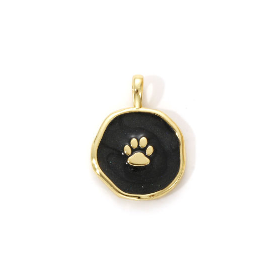 Immagine di 1 Piece Eco-friendly Brass Pet Memorial Charms 18K Real Gold Plated Black Enamel Irregular Paw Print Pearlized 18.5mm x 14mm