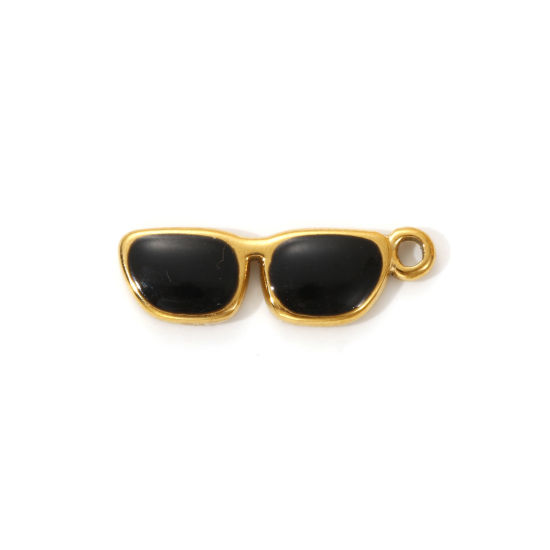 2 PCs Eco-friendly PVD Vacuum Plating 304 Stainless Steel Clothes Charms 18K Real Gold Plated Black Enamel Eyeglasses 22mm x 7mm の画像