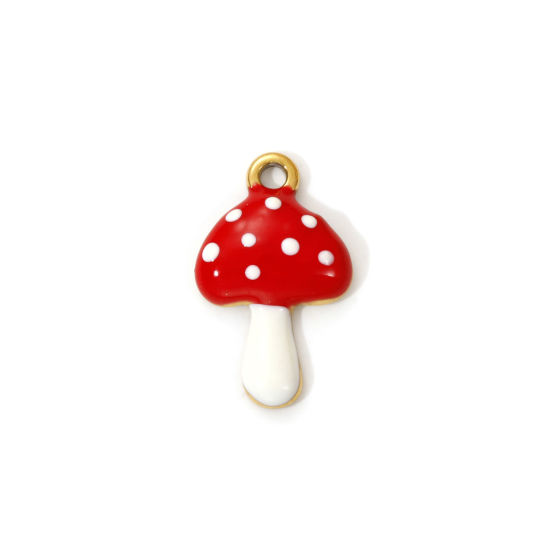 2 PCs Eco-friendly PVD Vacuum Plating 304 Stainless Steel Charms 18K Real Gold Plated Red Enamel Mushroom 18.5mm x 11mm の画像