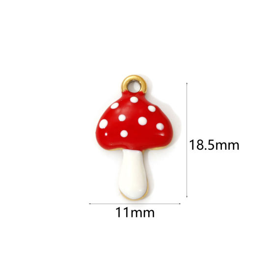 2 PCs Eco-friendly PVD Vacuum Plating 304 Stainless Steel Charms 18K Real Gold Plated Red Enamel Mushroom 18.5mm x 11mm の画像