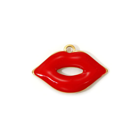 2 PCs Eco-friendly PVD Vacuum Plating 304 Stainless Steel Charms 18K Real Gold Plated Red Enamel Lip Hollow 25mm x 16mm の画像