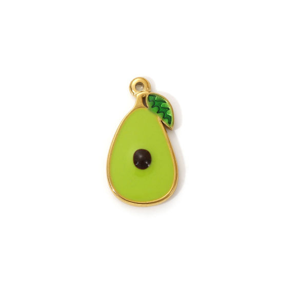 2 PCs Eco-friendly PVD Vacuum Plating 304 Stainless Steel Charms 18K Real Gold Plated Green Enamel Avocado Fruit 20mm x 11mm の画像