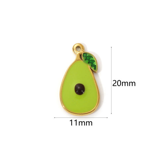 2 PCs Eco-friendly PVD Vacuum Plating 304 Stainless Steel Charms 18K Real Gold Plated Green Enamel Avocado Fruit 20mm x 11mm の画像