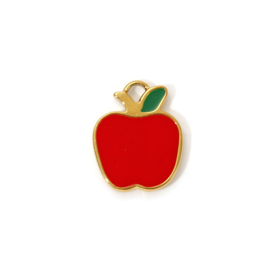2 PCs Eco-friendly PVD Vacuum Plating 304 Stainless Steel Charms 18K Real Gold Plated Red Enamel Apple Fruit 15.5mm x 12.5mm の画像