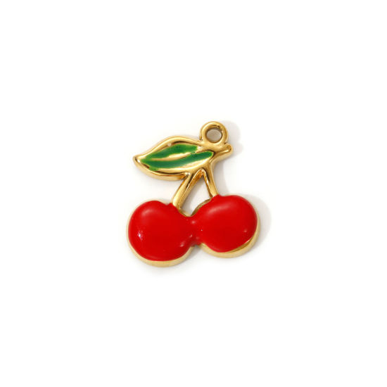 2 PCs Eco-friendly PVD Vacuum Plating 304 Stainless Steel Charms 18K Real Gold Plated Red Enamel Cherry Fruit 15mm x 14mm の画像