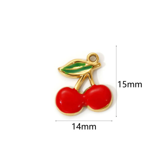 2 PCs Eco-friendly PVD Vacuum Plating 304 Stainless Steel Charms 18K Real Gold Plated Red Enamel Cherry Fruit 15mm x 14mm の画像