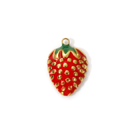 2 PCs Eco-friendly PVD Vacuum Plating 304 Stainless Steel Charms 18K Real Gold Plated Red Enamel Strawberry Fruit 17mm x 12mm の画像