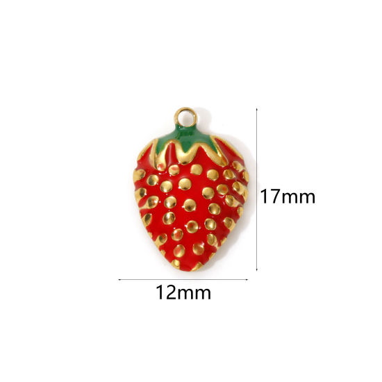 2 PCs Eco-friendly PVD Vacuum Plating 304 Stainless Steel Charms 18K Real Gold Plated Red Enamel Strawberry Fruit 17mm x 12mm の画像