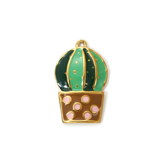 2 PCs Eco-friendly PVD Vacuum Plating 304 Stainless Steel Charms 18K Real Gold Plated Multicolor Enamel Cactus 28mm x 17mm の画像